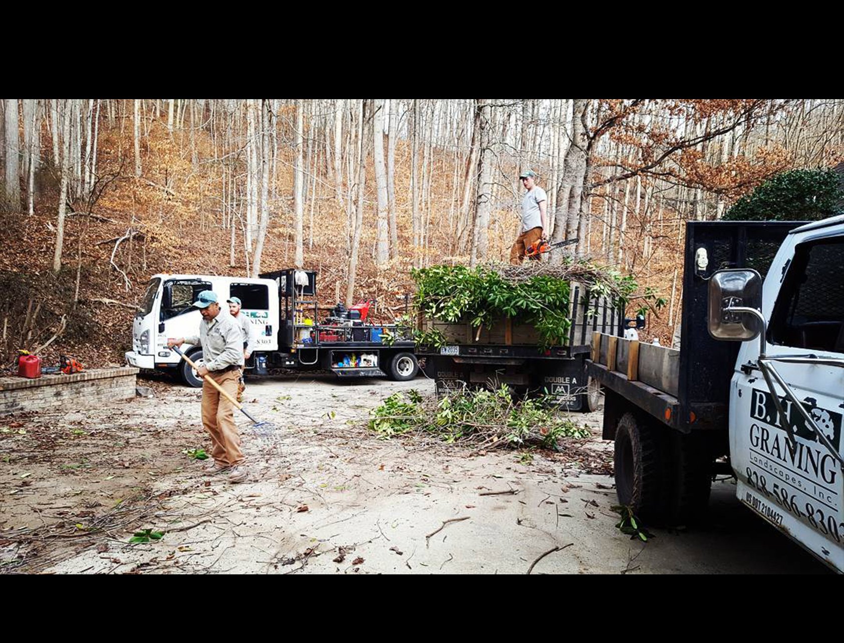 raking leaves, pruning, landscapers